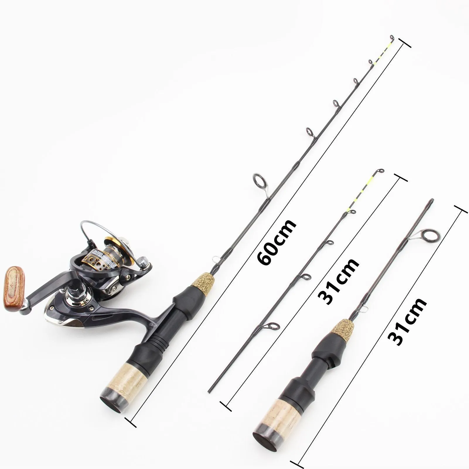 Double tip ice fishing rod 60cm 2 sections hard fishing spinning wheel tackle set single pole colour