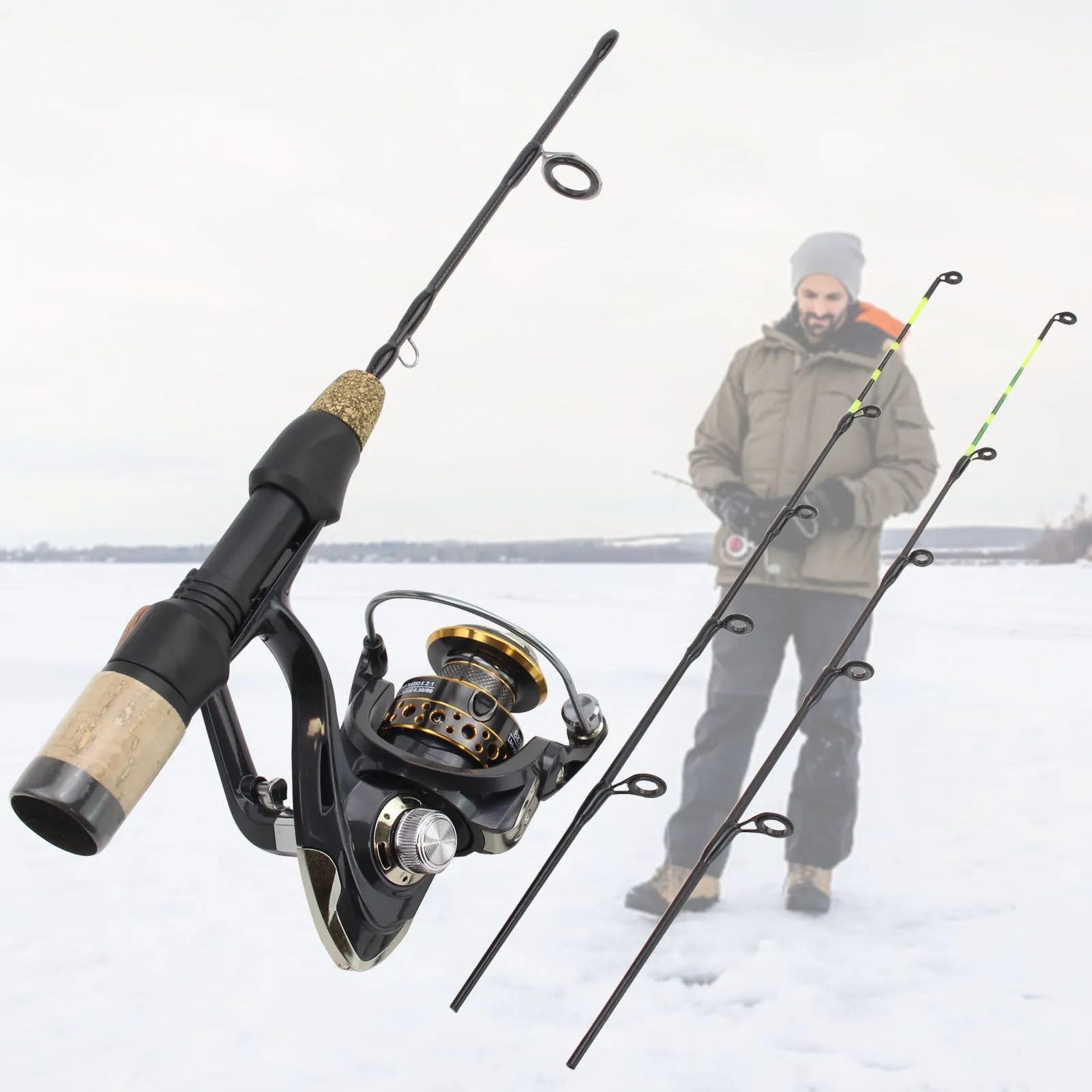 Double tip ice fishing rod 60cm 2 sections hard fishing spinning wheel tackle set single pole colour