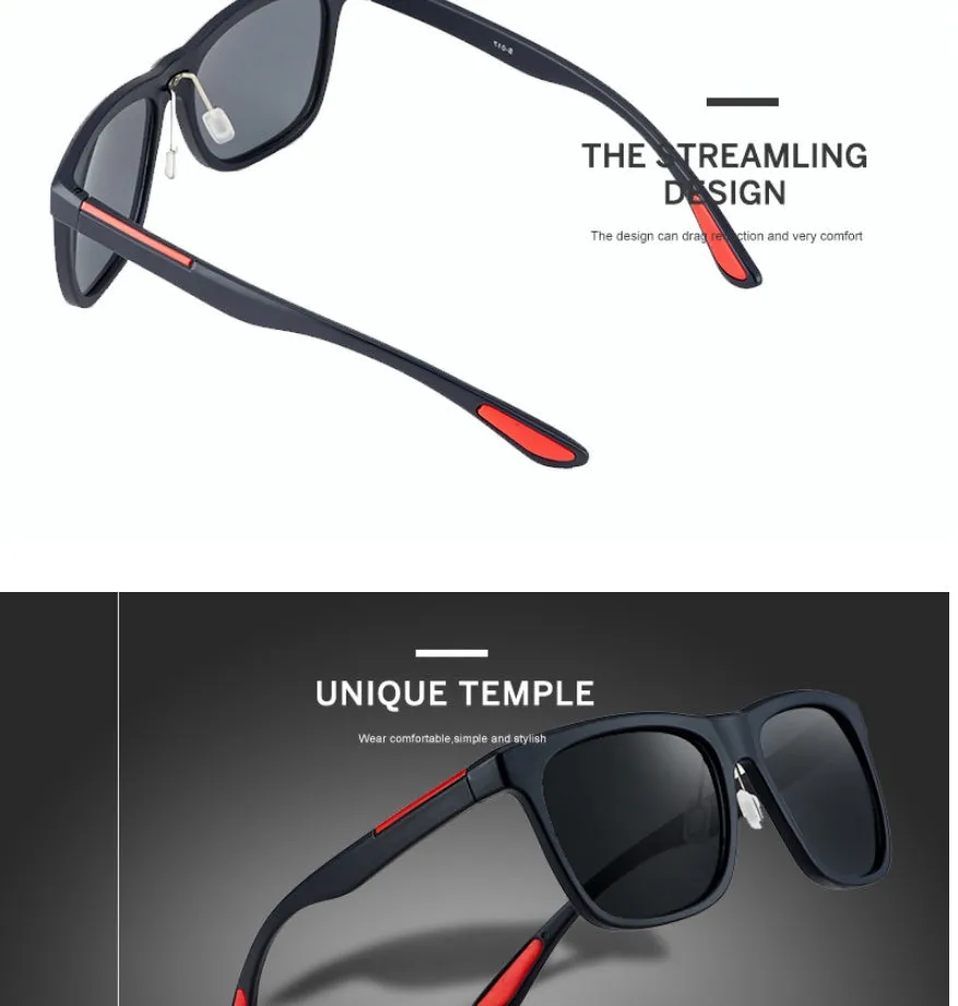 Men's square photochromic sunglasses with UV400 protection, black frame and red edge detail