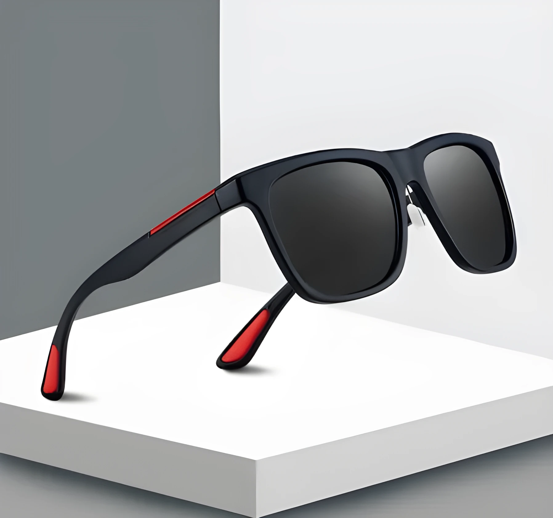 Men's square photochromic sunglasses with UV400 protection, black frame and red edge detail