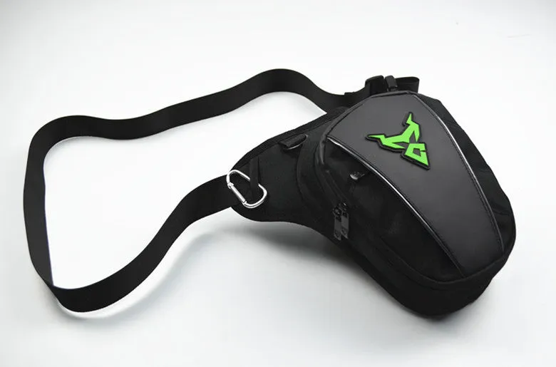 Motorcycle riding leg bag in 1200D Oxford cloth, shown in blue, with crossbody strap.