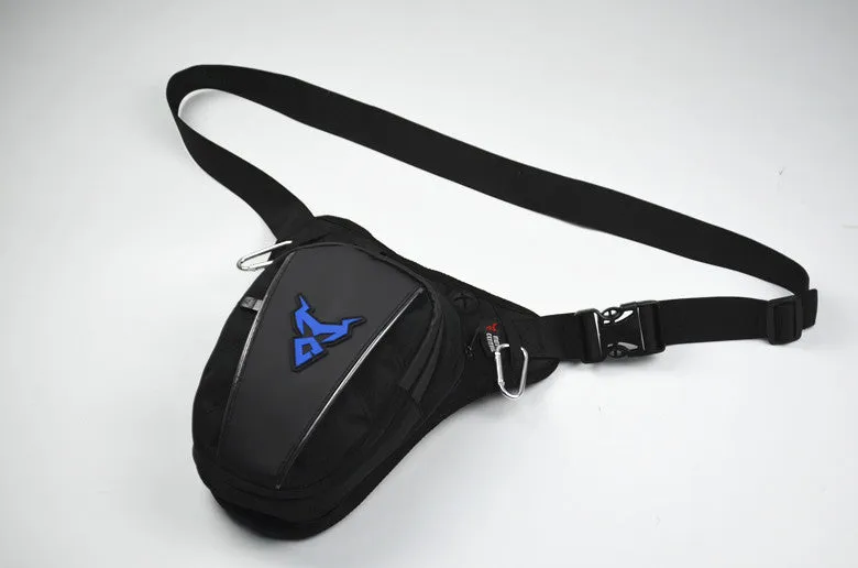Motorcycle riding leg bag in 1200D Oxford cloth, shown in blue, with crossbody strap.