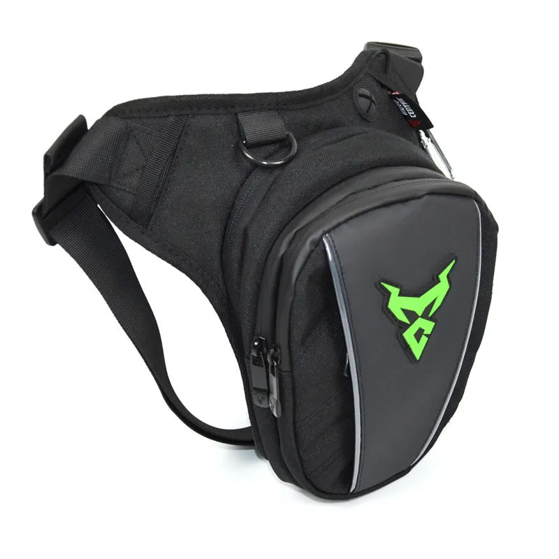 Motorcycle riding leg bag in 1200D Oxford cloth, shown in blue, with crossbody strap.