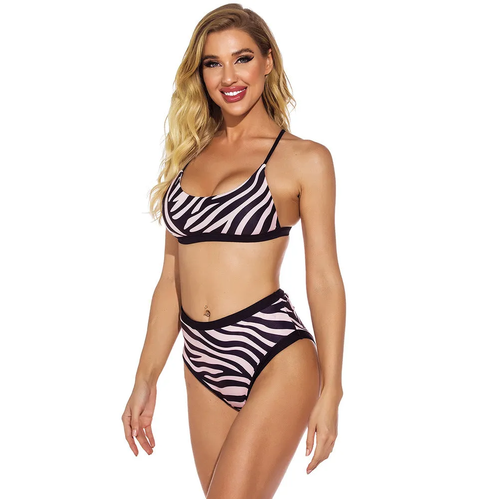 High waist split printed bikini in polyester fibre with sleeveless top for women
