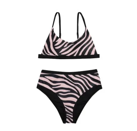 High waist split printed bikini in polyester fibre with sleeveless top for women