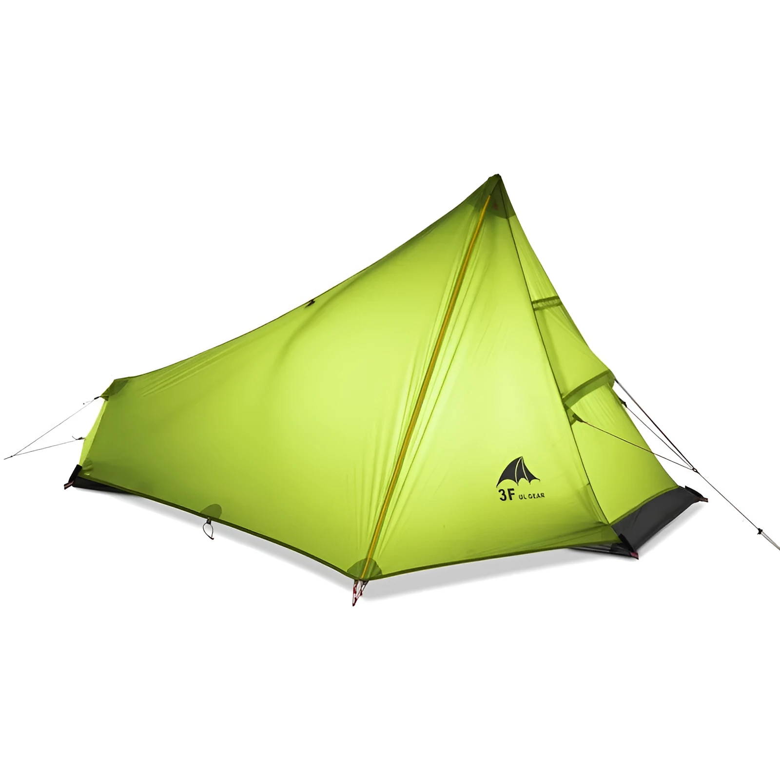 Silicon coated outdoor camping pyramid tent in green pitched on grass showing fly and aluminium pole