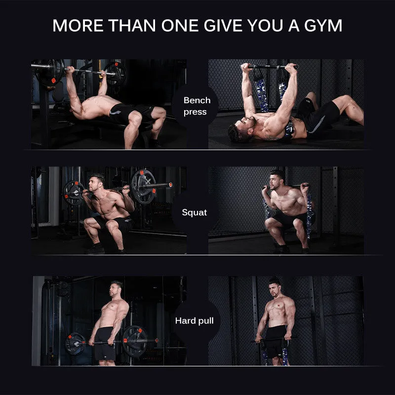 Camouflage bench press elastic belt with three-level resistance adjustment on a workout bench
