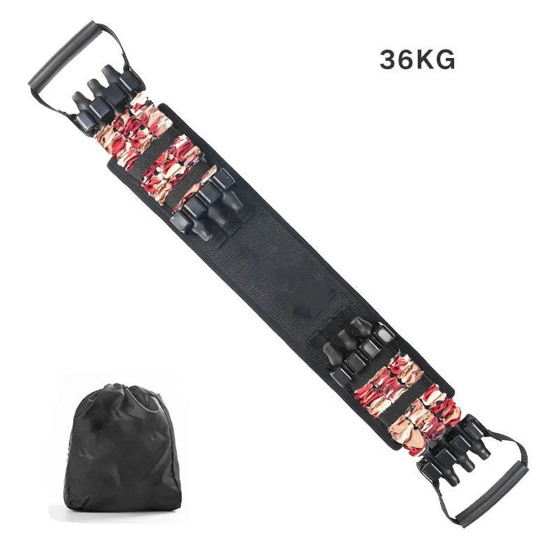 Camouflage bench press elastic belt with three-level resistance adjustment on a workout bench
