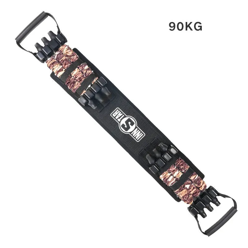 Camouflage bench press elastic belt with three-level resistance adjustment on a workout bench