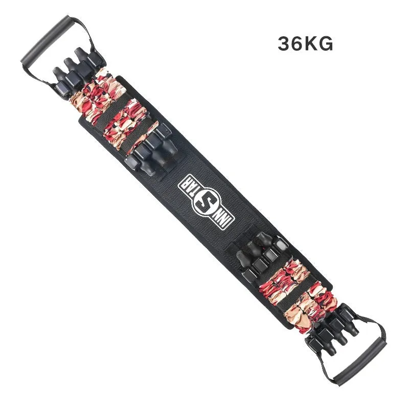 Camouflage bench press elastic belt with three-level resistance adjustment on a workout bench