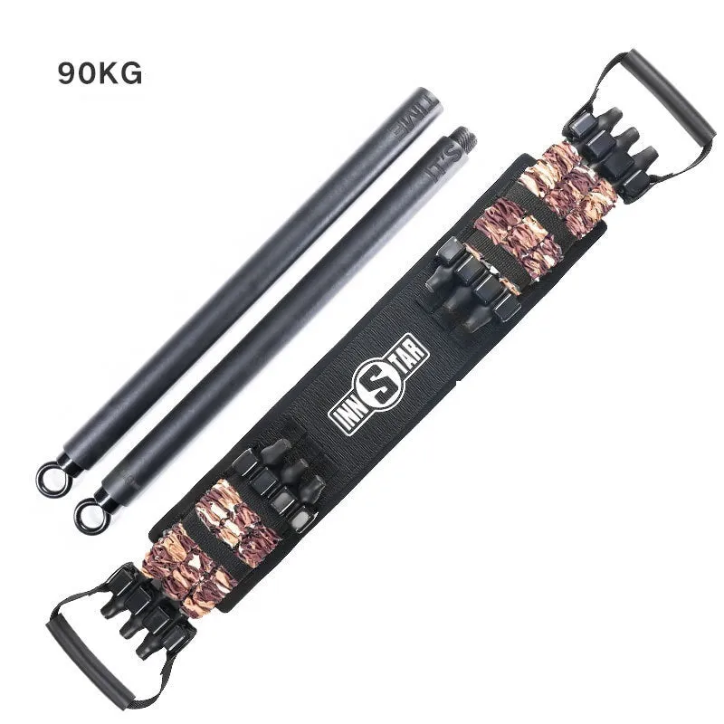 Camouflage bench press elastic belt with three-level resistance adjustment on a workout bench