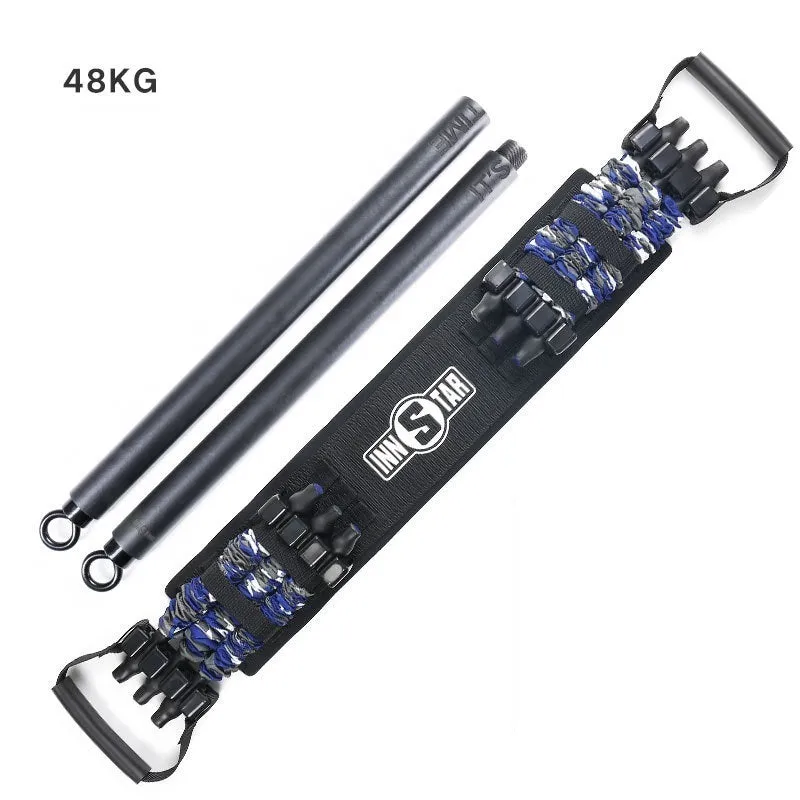 Camouflage bench press elastic belt with three-level resistance adjustment on a workout bench