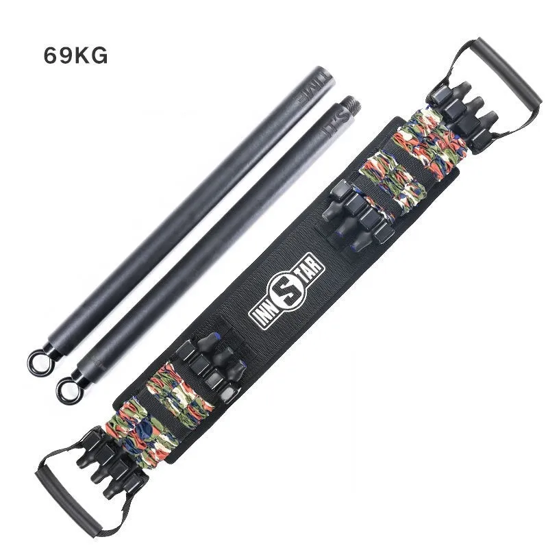 Camouflage bench press elastic belt with three-level resistance adjustment on a workout bench