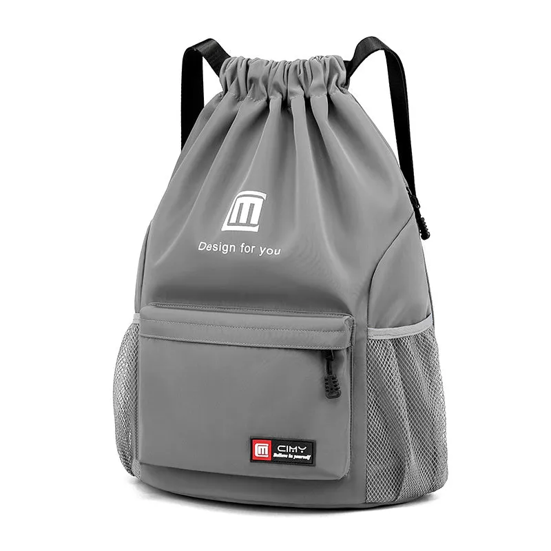 Oxford drawstring backpack in bucket shape with pull-cord closure and water-repellent fabric