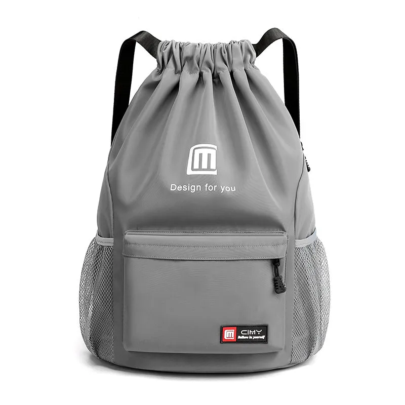 Oxford drawstring backpack in bucket shape with pull-cord closure and water-repellent fabric