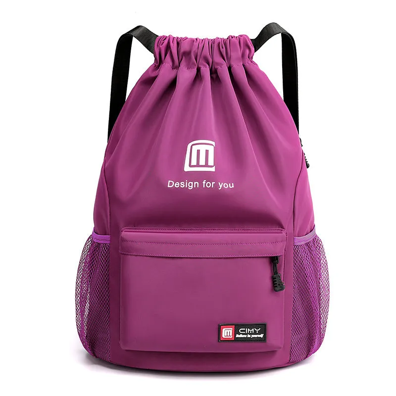 Oxford drawstring backpack in bucket shape with pull-cord closure and water-repellent fabric