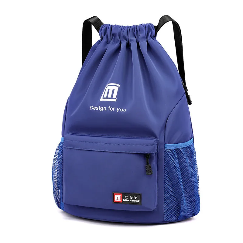 Oxford drawstring backpack in bucket shape with pull-cord closure and water-repellent fabric