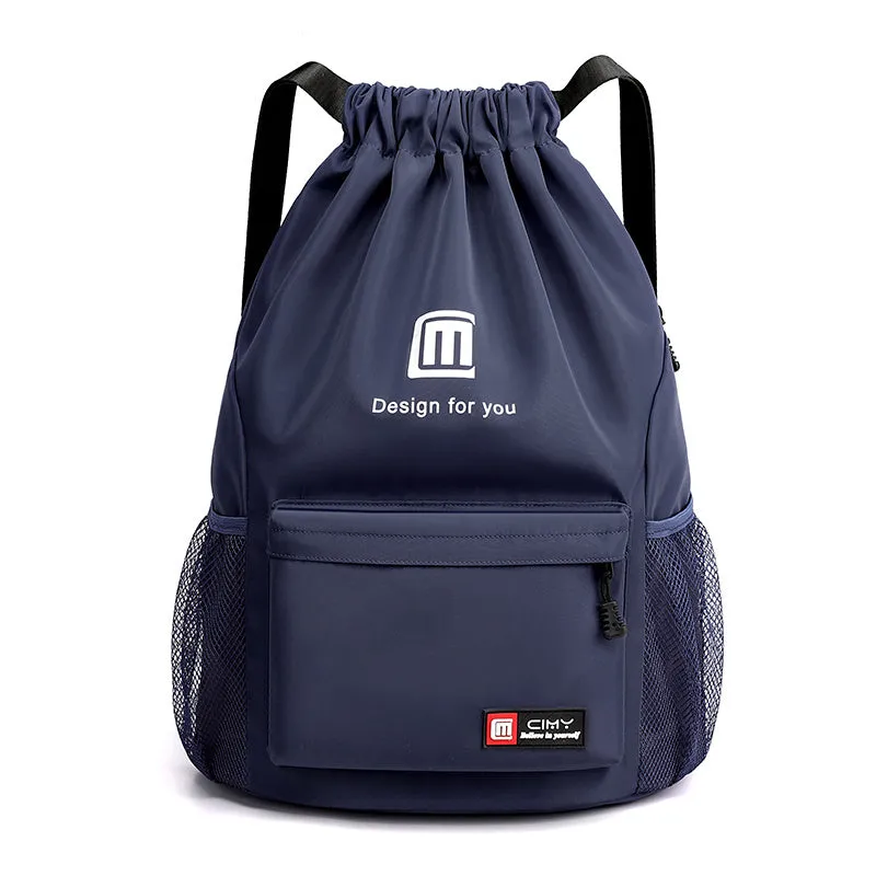 Oxford drawstring backpack in bucket shape with pull-cord closure and water-repellent fabric