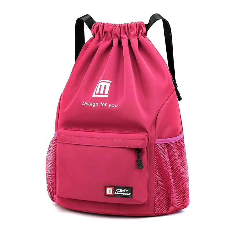 Oxford drawstring backpack in bucket shape with pull-cord closure and water-repellent fabric