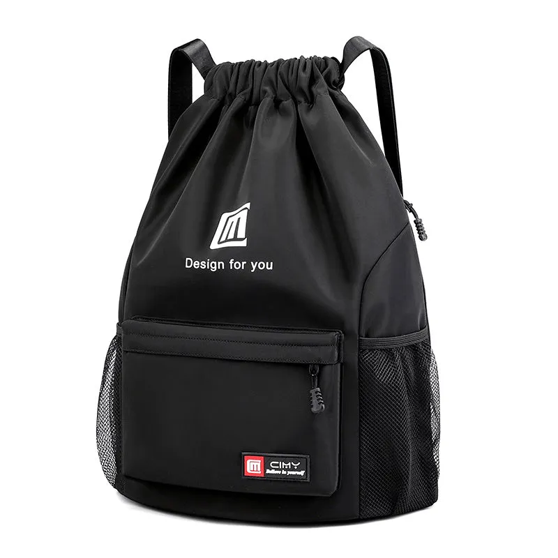 Oxford drawstring backpack in bucket shape with pull-cord closure and water-repellent fabric