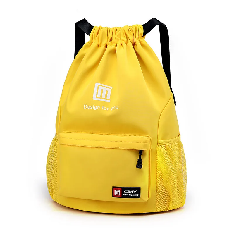 Oxford drawstring backpack in bucket shape with pull-cord closure and water-repellent fabric