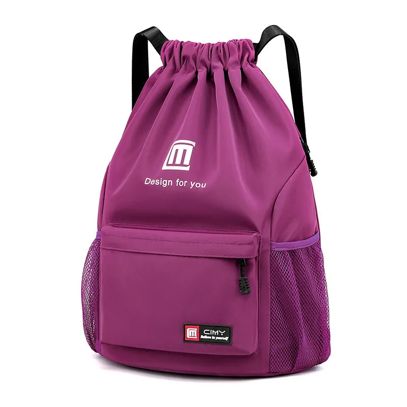 Oxford drawstring backpack in bucket shape with pull-cord closure and water-repellent fabric