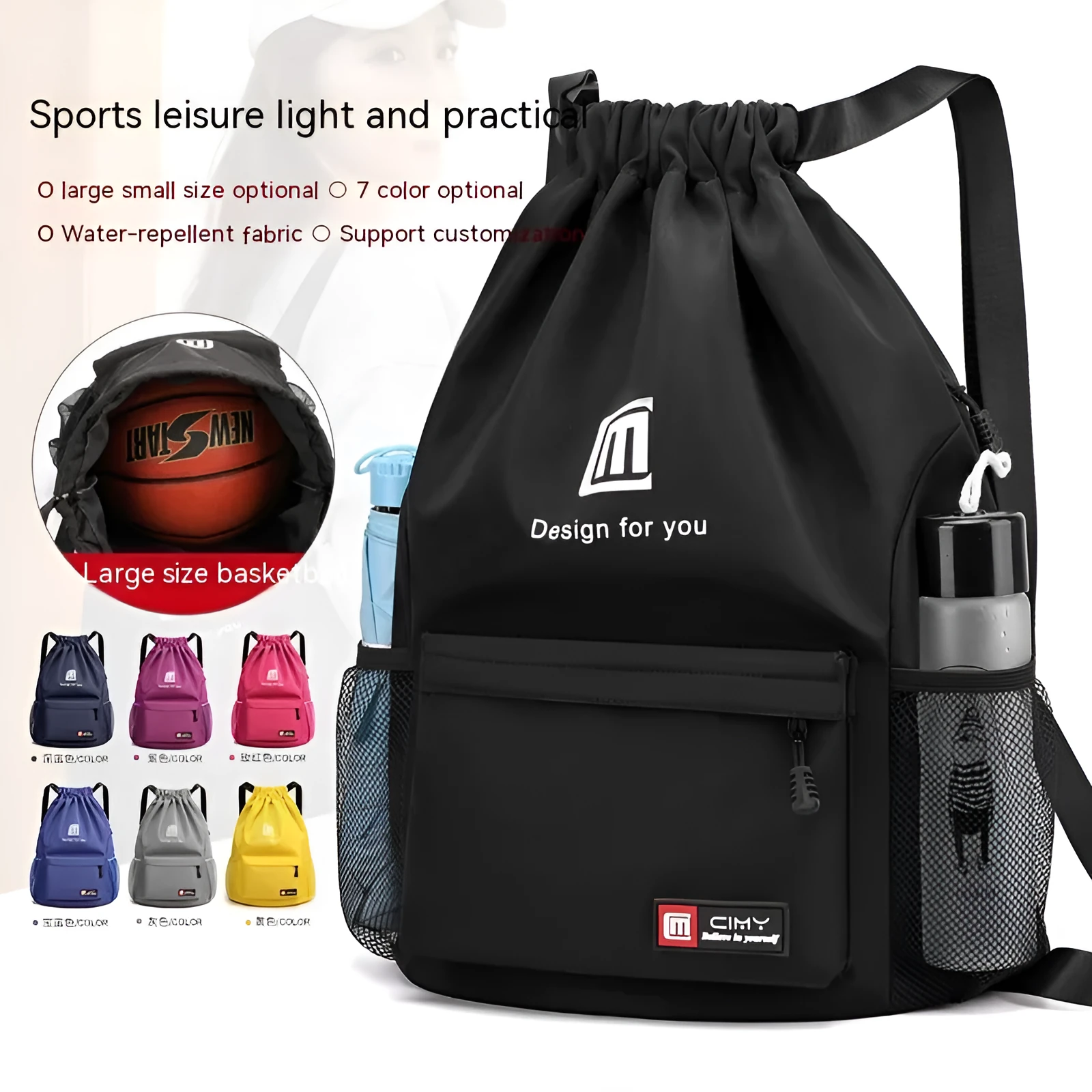 Oxford drawstring backpack in bucket shape with pull-cord closure and water-repellent fabric