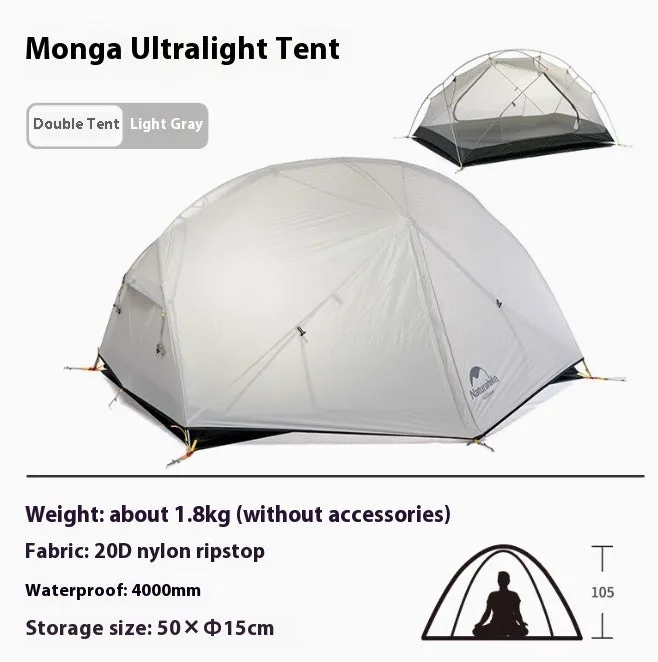 Ultralight 20D silicone nylon double layer camping tent for two people with aluminium poles in grey outdoor setting