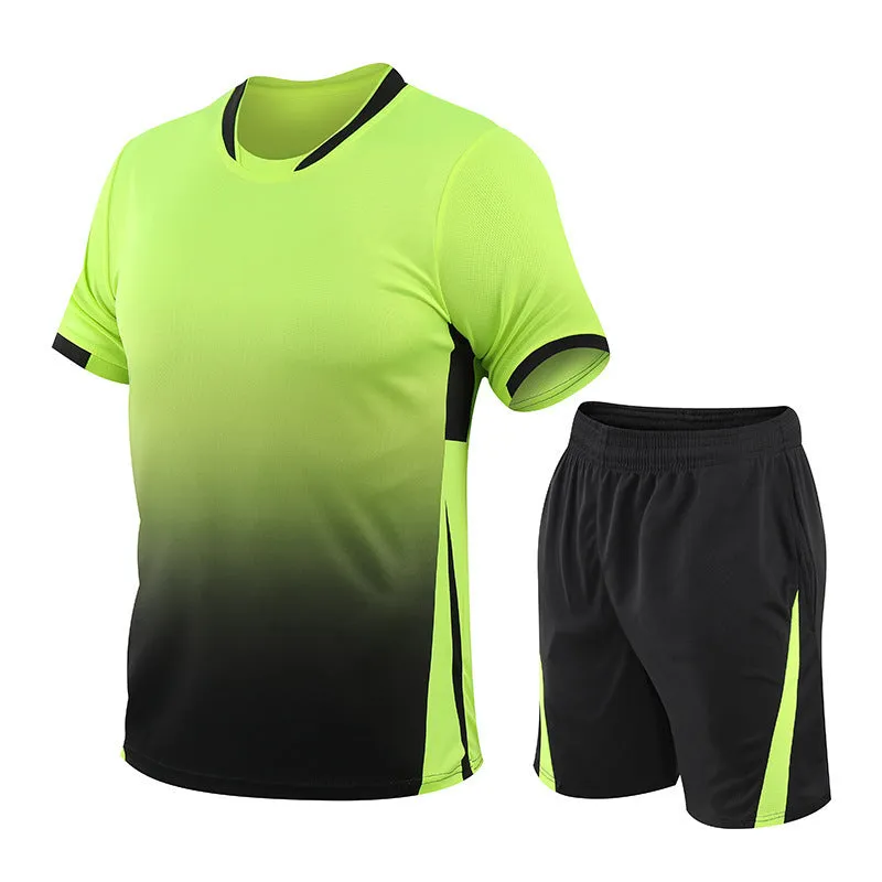 Men's summer sports suit two-piece with gradient digital print, loose short-sleeved T-shirt and shorts, plus size available