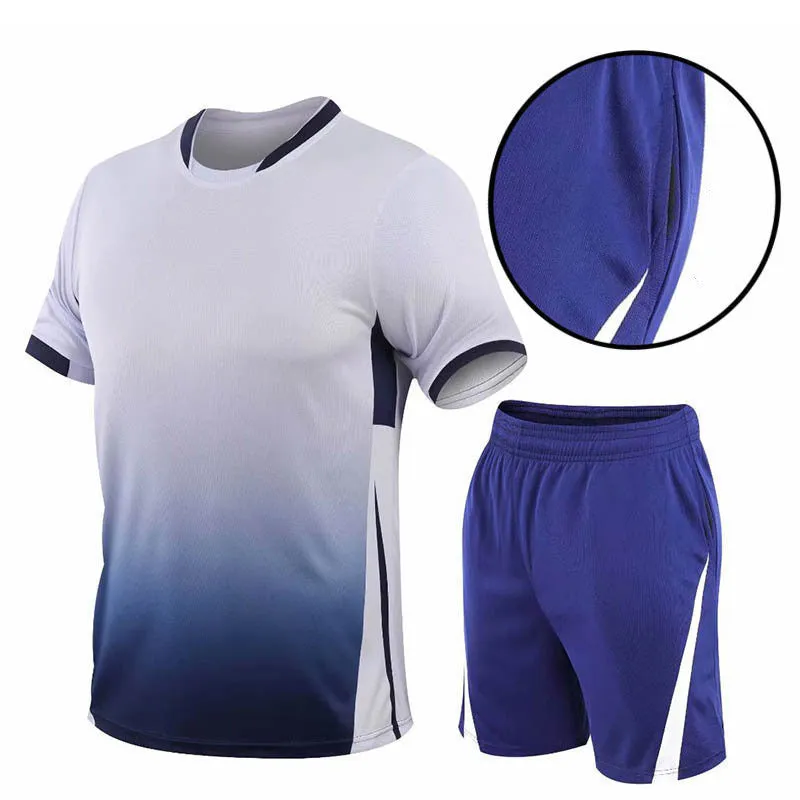 Men's summer sports suit two-piece with gradient digital print, loose short-sleeved T-shirt and shorts, plus size available