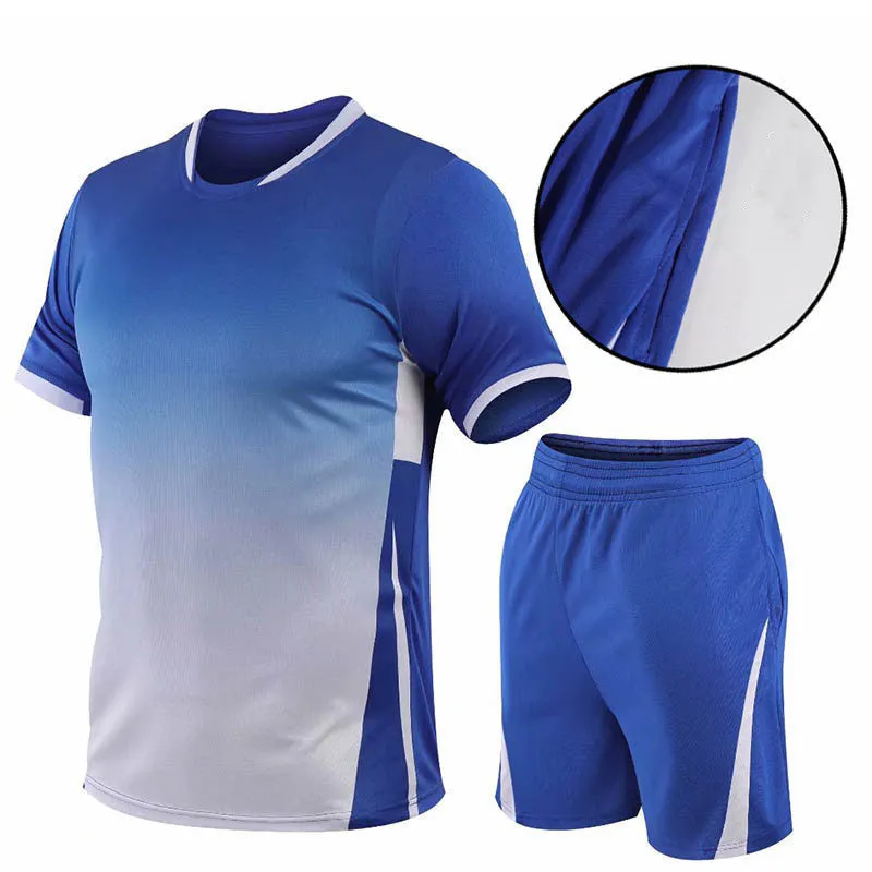 Men's summer sports suit two-piece with gradient digital print, loose short-sleeved T-shirt and shorts, plus size available