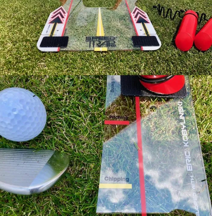 Transparent golf swing mirror on grass for putting practice with storage bag nearby
