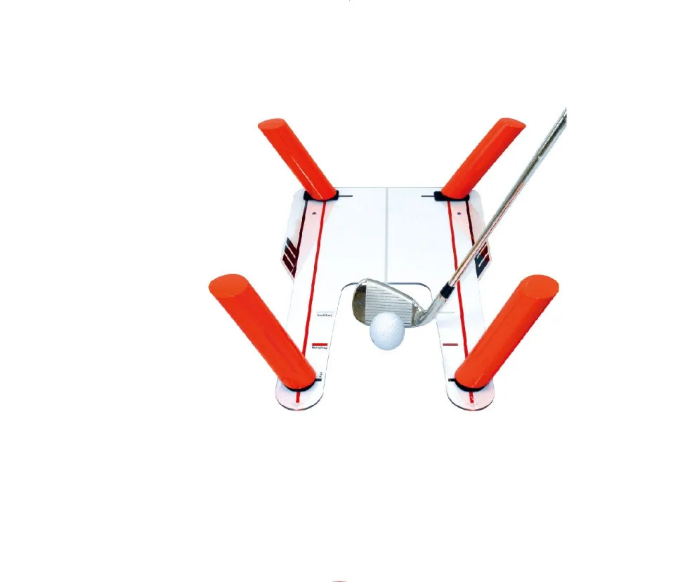 Transparent golf swing mirror on grass for putting practice with storage bag nearby