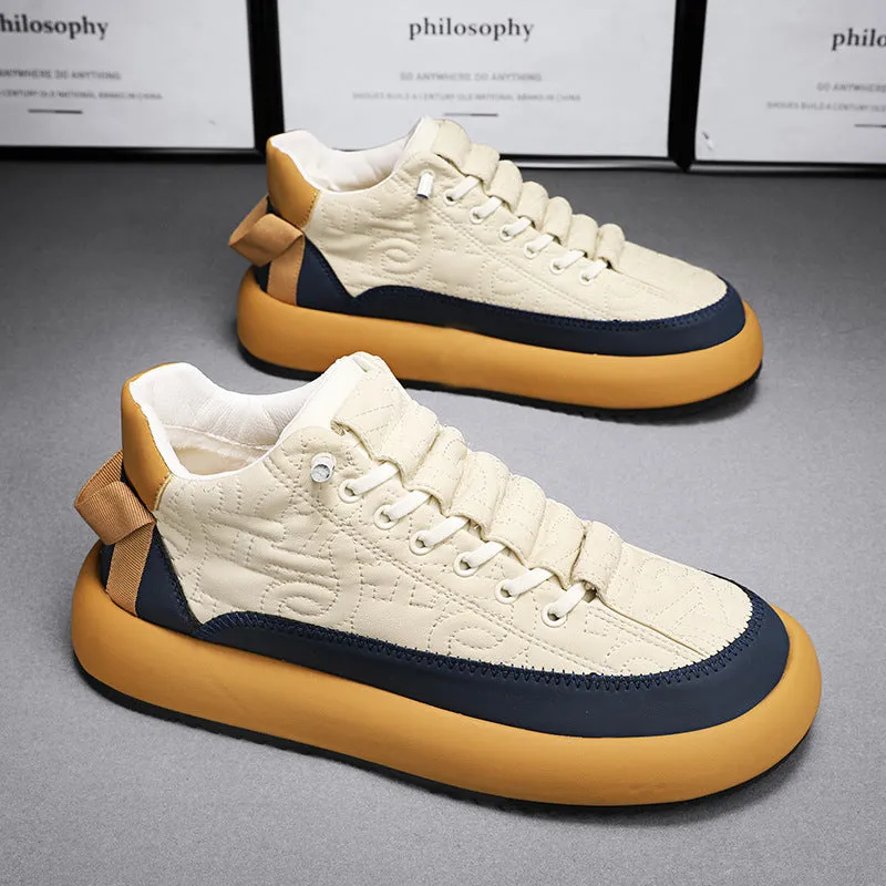 Mens black and orange leather sports casual board shoes with synthetic PU upper, PVC sole, and elastic band slip-on style