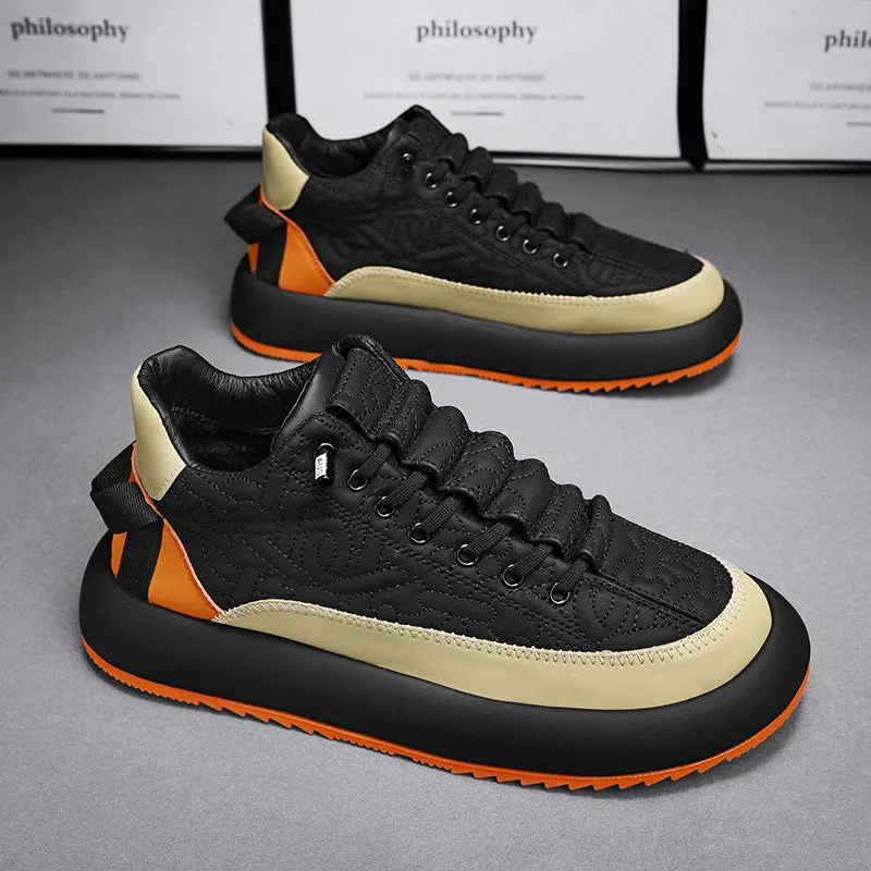 Mens black and orange leather sports casual board shoes with synthetic PU upper, PVC sole, and elastic band slip-on style
