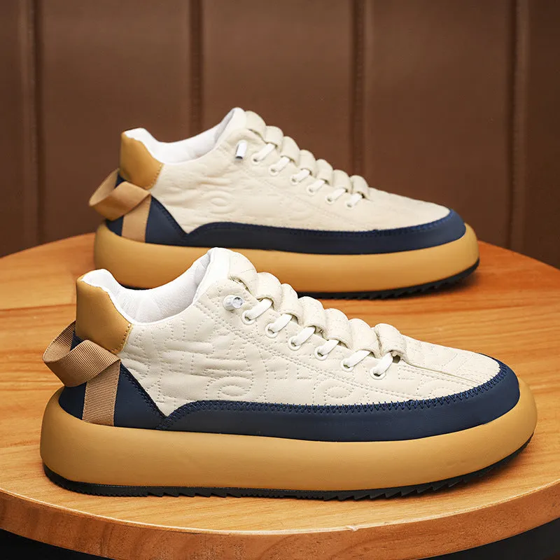Mens black and orange leather sports casual board shoes with synthetic PU upper, PVC sole, and elastic band slip-on style