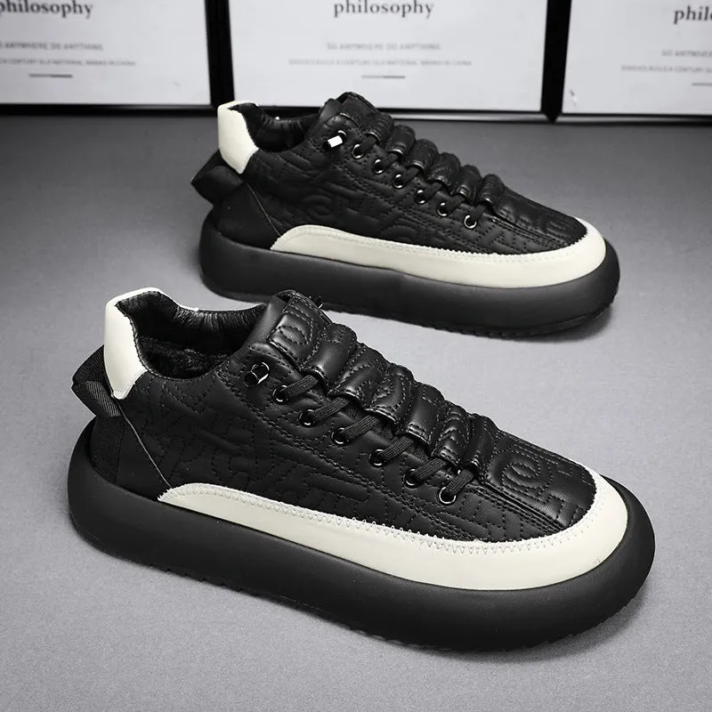 Mens black and orange leather sports casual board shoes with synthetic PU upper, PVC sole, and elastic band slip-on style