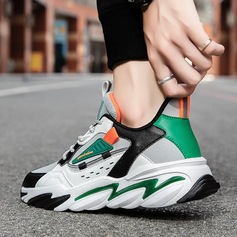 Men's PU leather casual shoes in green and orange colour options, simple style