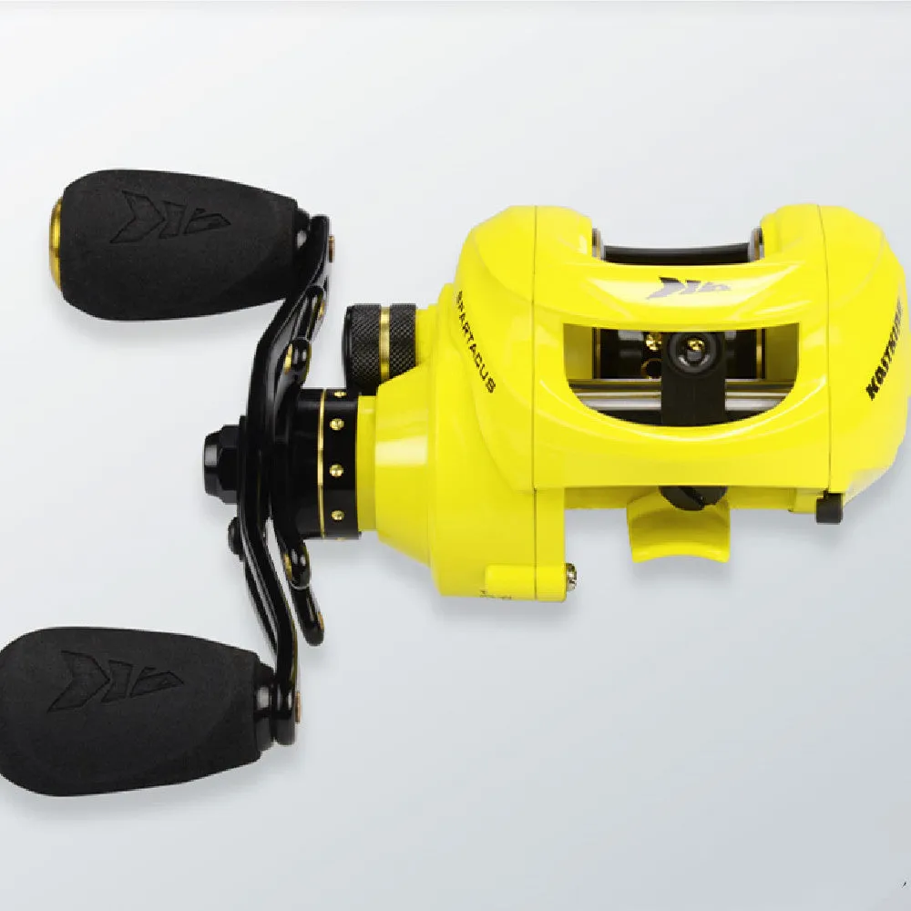 Yellow water drop baitcasting reel with left-hand retrieve showing dual brake dials and graphite body