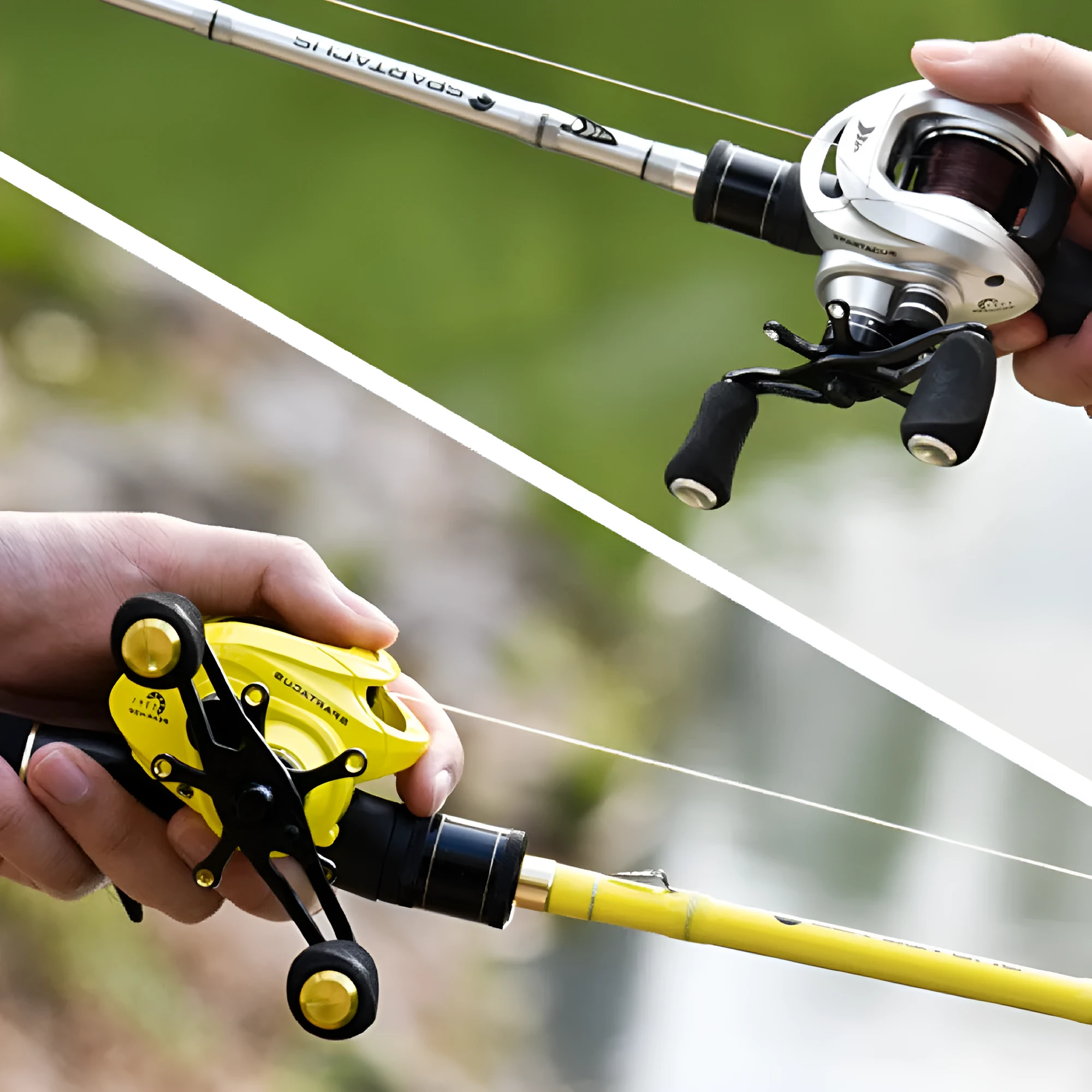 Yellow water drop baitcasting reel with left-hand retrieve showing dual brake dials and graphite body