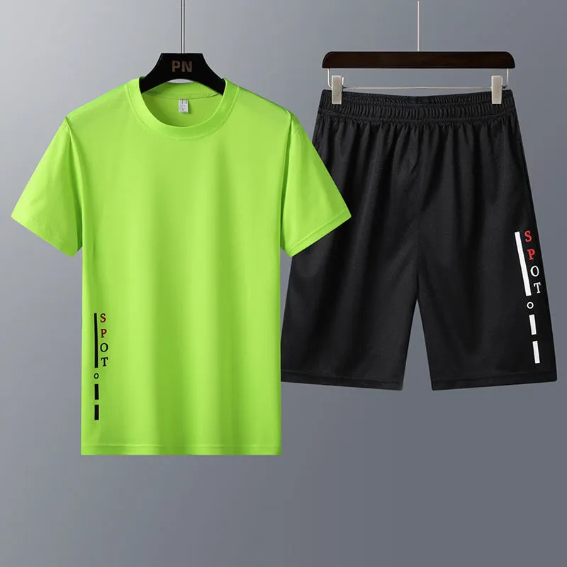 Korean style two-piece sportswear set with short-sleeved t-shirt and shorts in green, summer casual wear