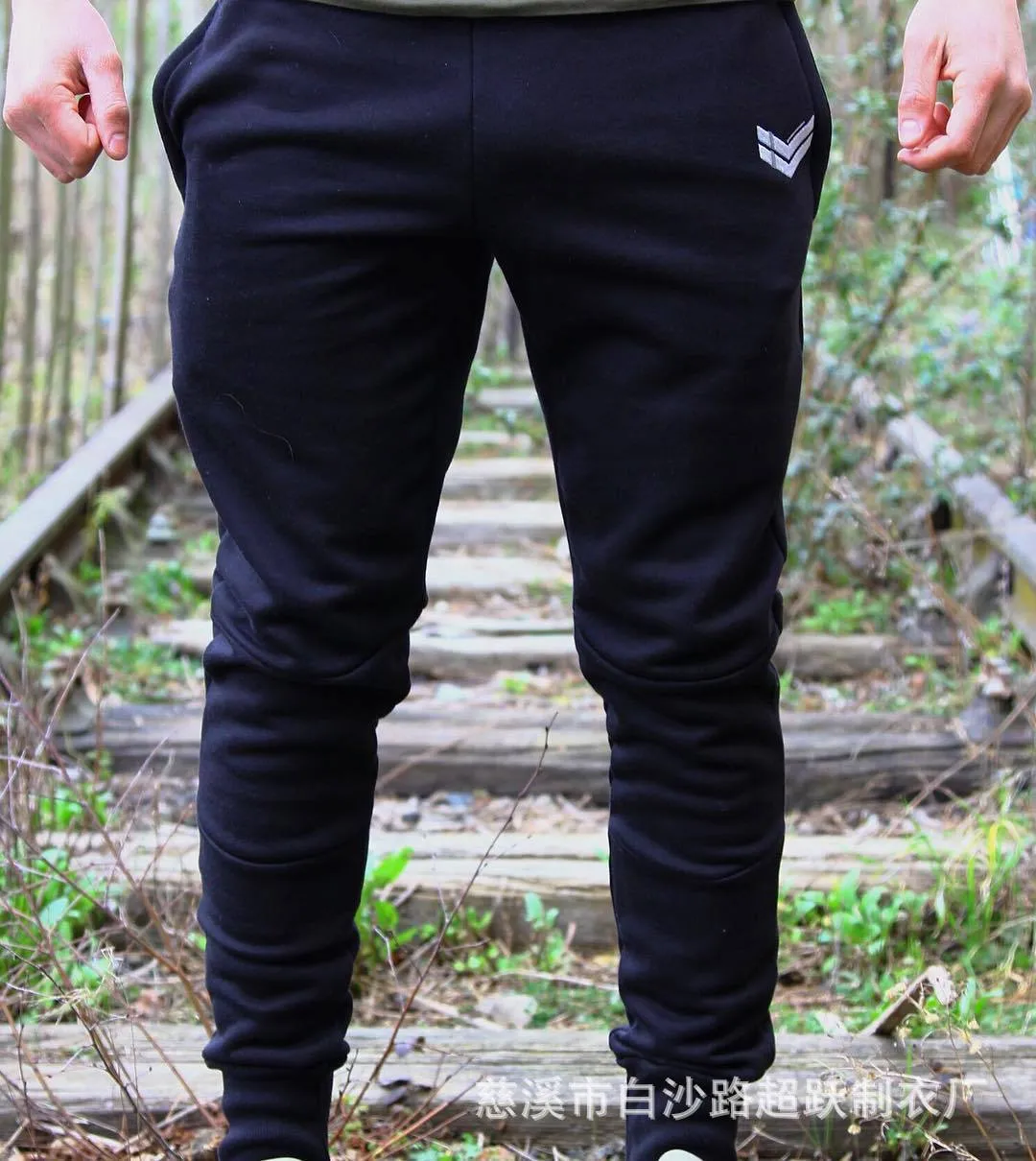 Men's cotton running training pants with drawstring waist and ribbed hem in dark grey, straight tube leg style