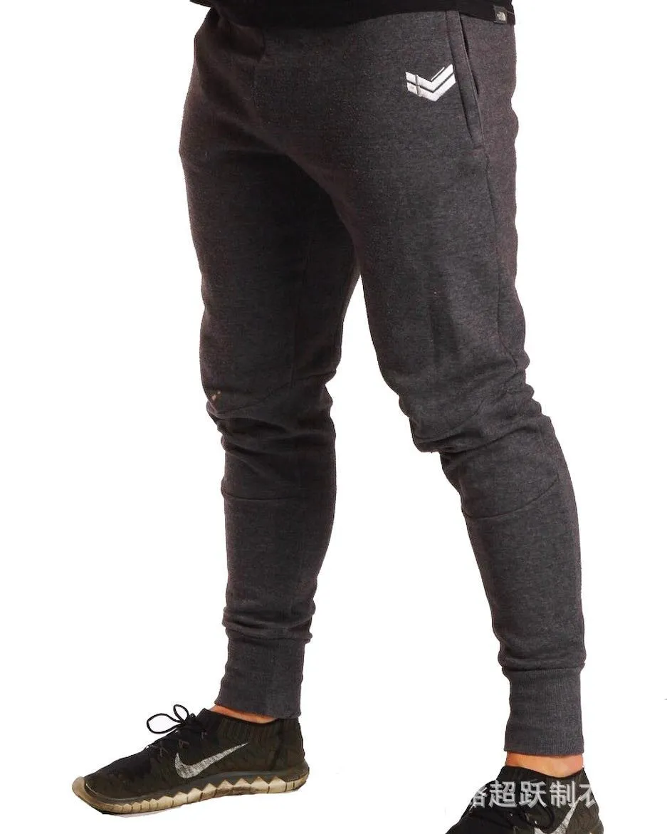 Men's cotton running training pants with drawstring waist and ribbed hem in dark grey, straight tube leg style