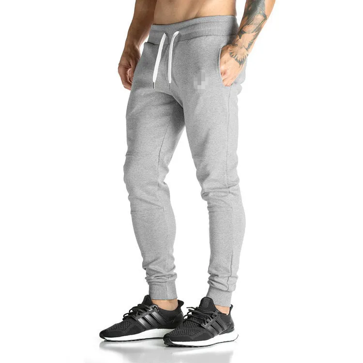 Men's cotton running training pants with drawstring waist and ribbed hem in dark grey, straight tube leg style