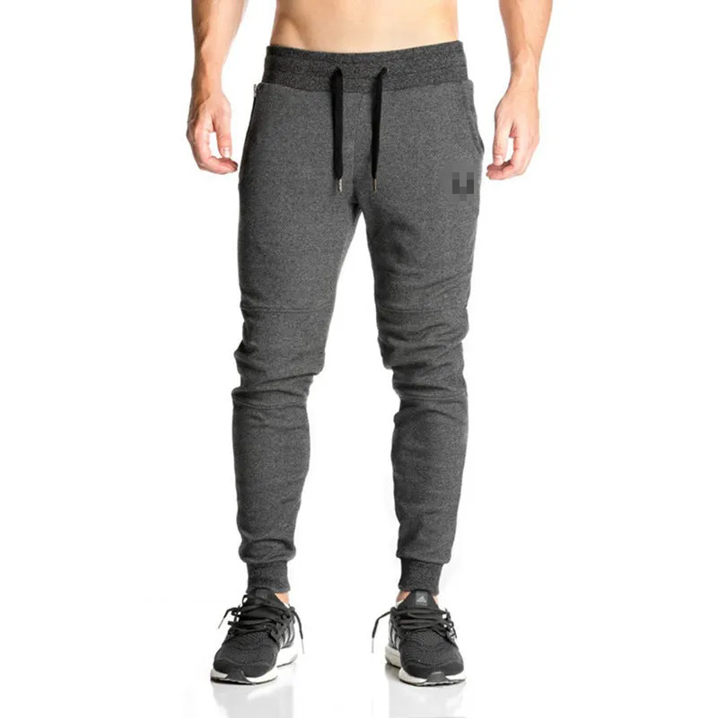 Men's cotton running training pants with drawstring waist and ribbed hem in dark grey, straight tube leg style