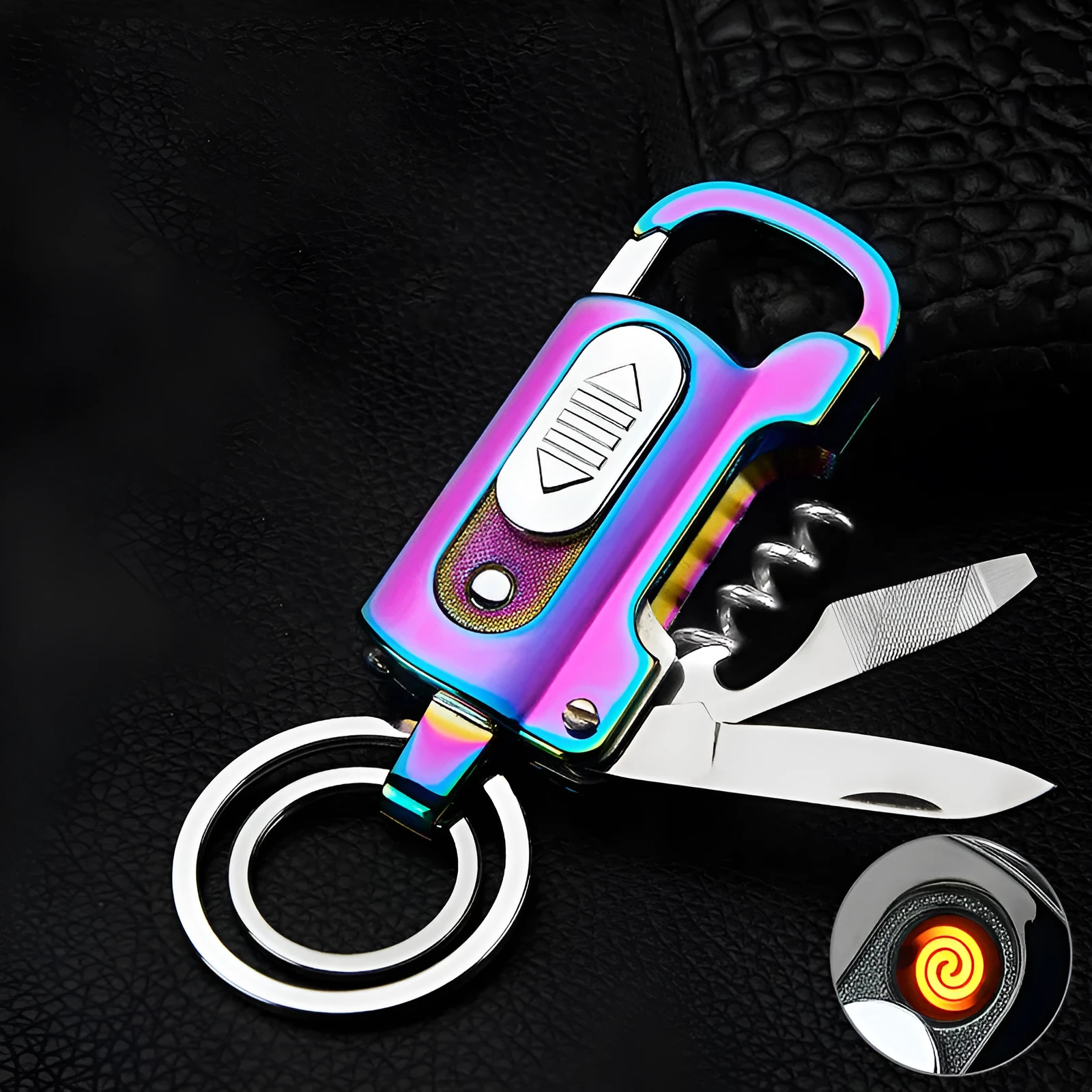 Multi-functional keychain charging lighter with zinc alloy ice surface finish in compact size
