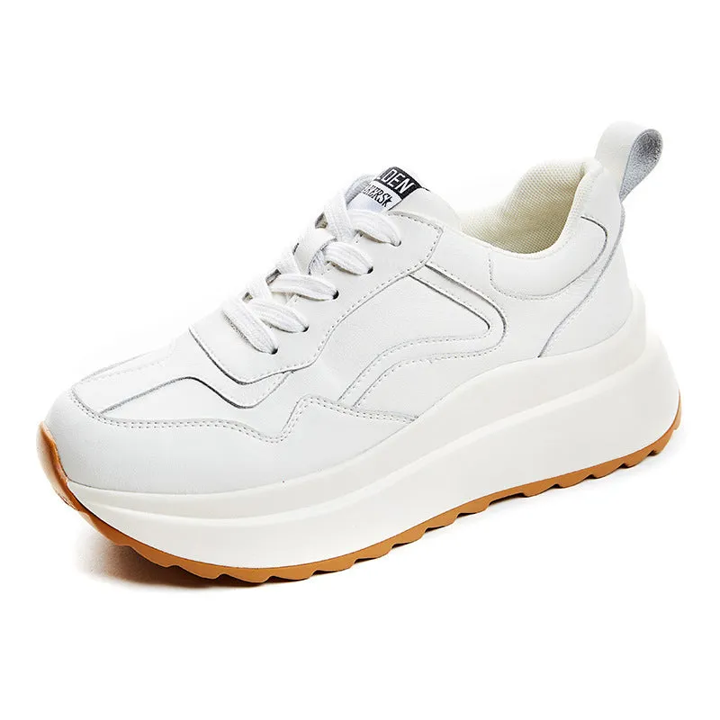 Women's beige cattlehide leather low-top casual sports shoes with cross strap and round toe.