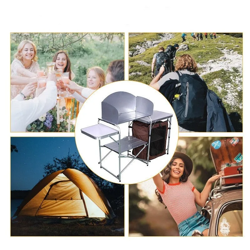 Outdoor camping double-decker storage rack mobile barbecue table folded out with aluminium frame and density board top in mobile kitchen colour