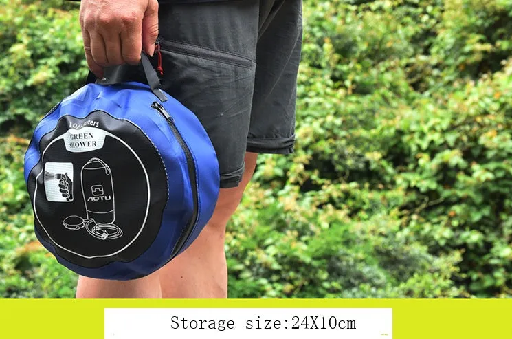 Blue portable outdoor shower bag with 11L capacity, foot pump, and 200cm hose