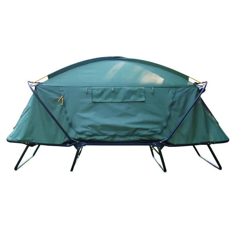Outdoor thickened Oxford cloth insulated off ground tent for two camping and fishing, double decker, steel rods, 210x120x120cm, military green
